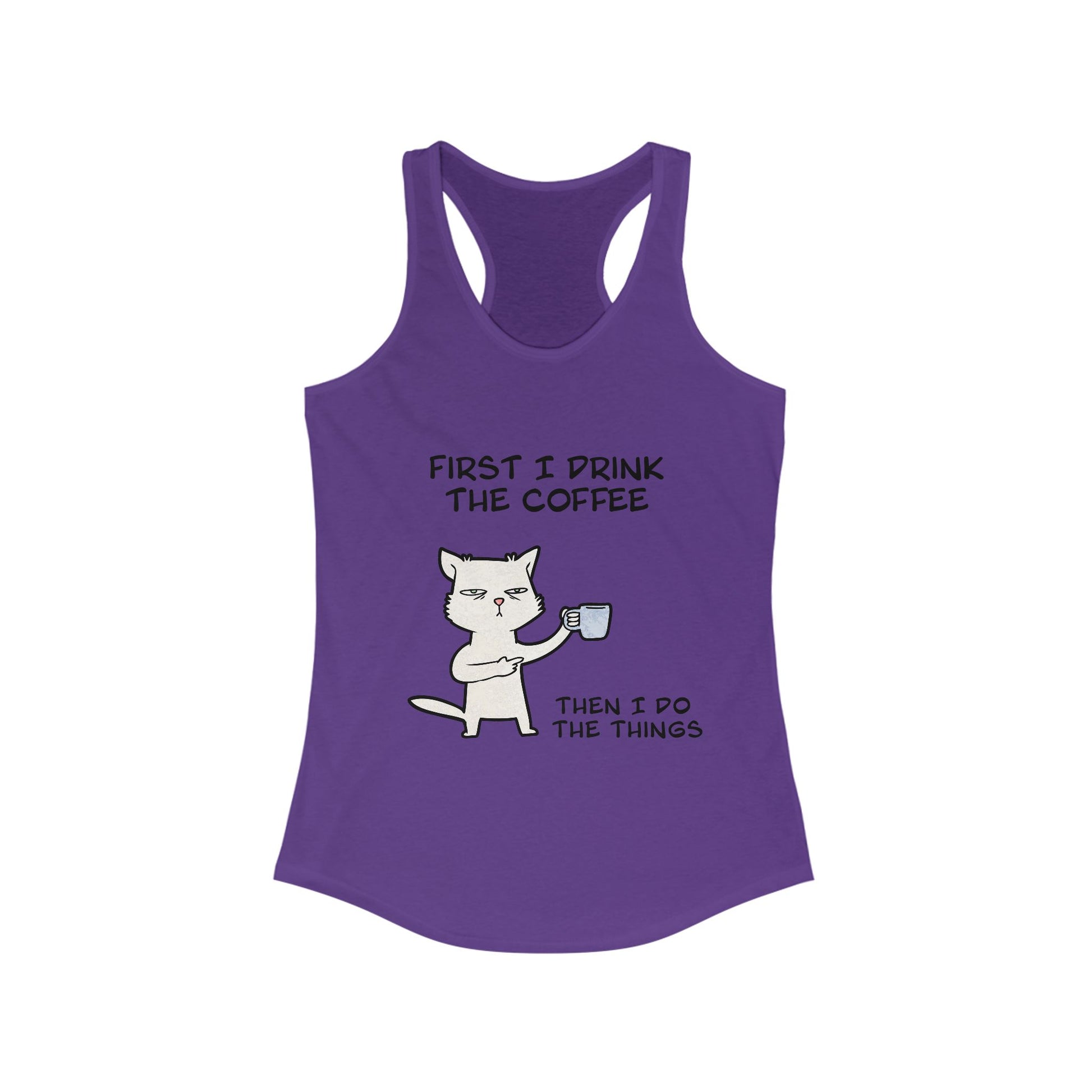 Purple Printify tank top for women with funny cat coffee design and text tank tops for women