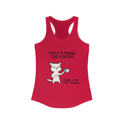 Red Printify tank top for women with funny cat drinking coffee graphic and text