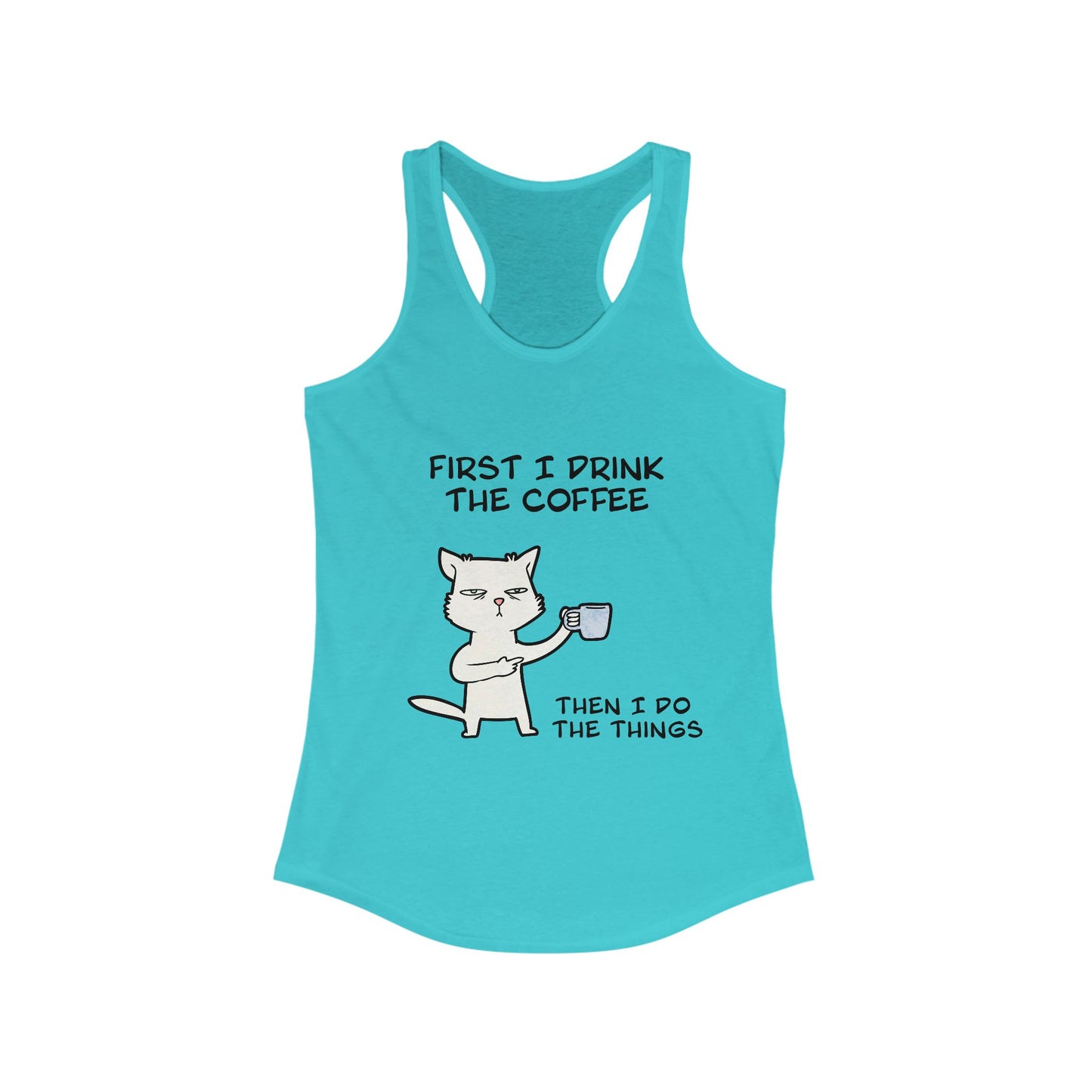 Aqua blue Printify tank top for women with a cat holding a coffee cup and funny coffee quote