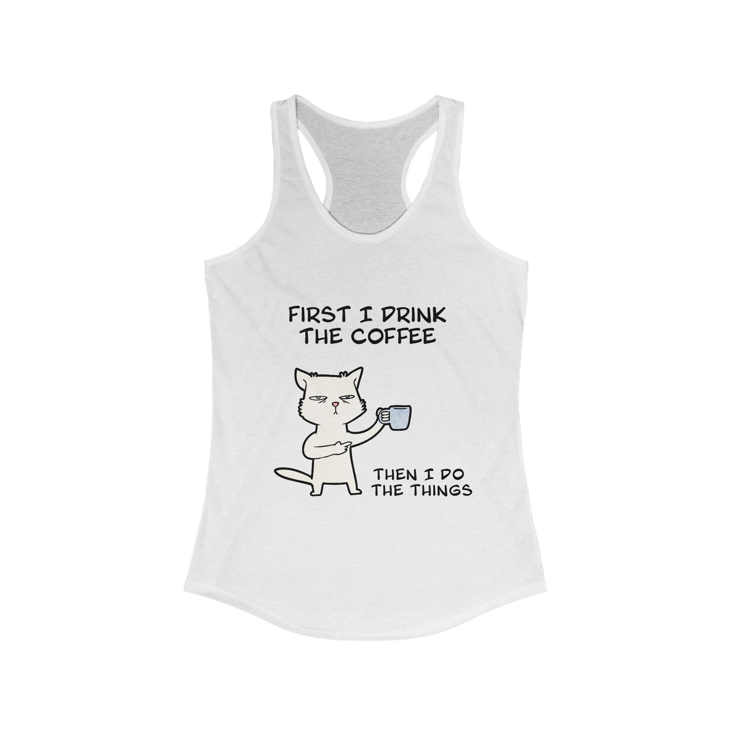 White Printify tank top for women with a cat graphic and coffee quote tank tops for women