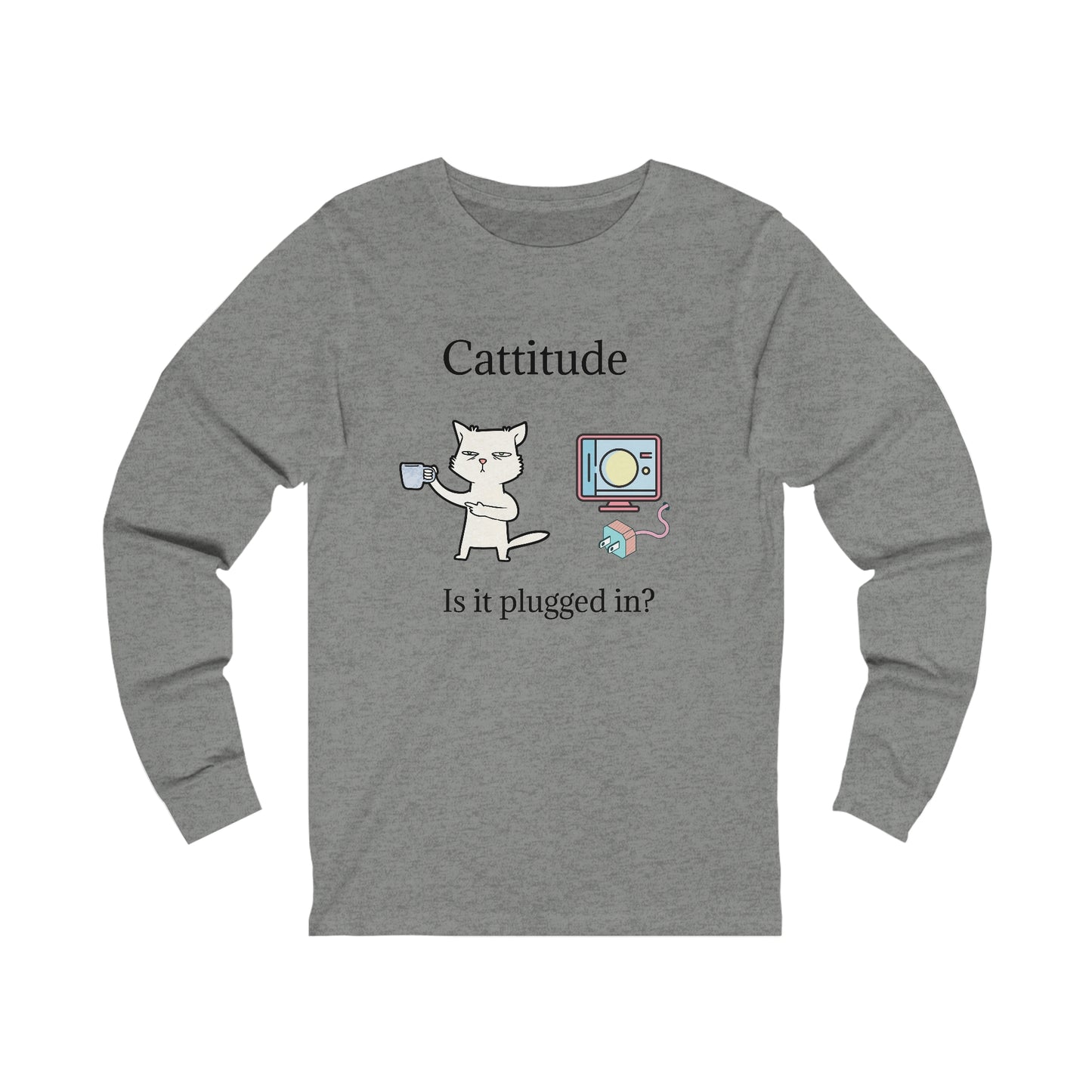 Printify gray long-sleeve tech support cat tee with cartoon cat and computer graphic