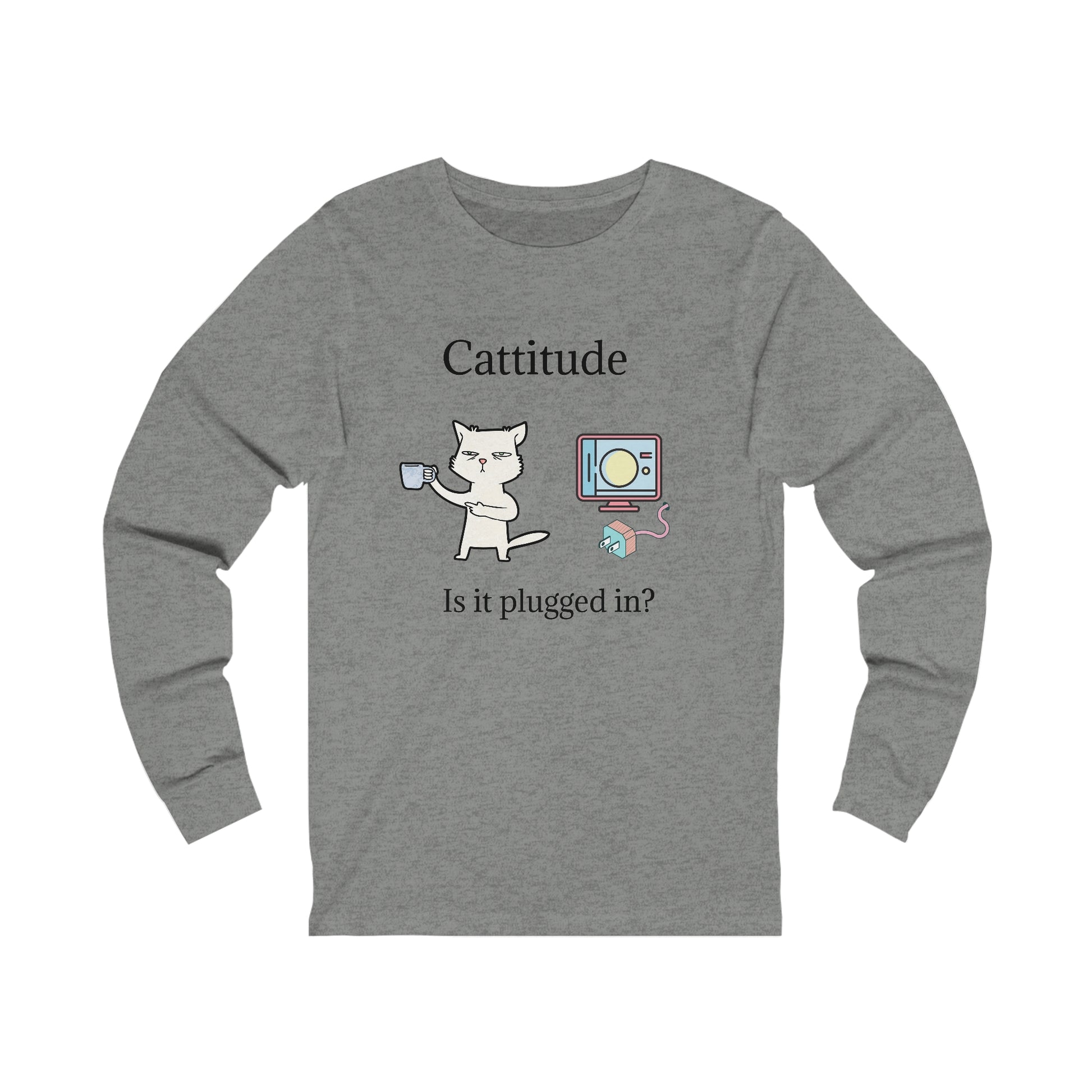 Printify gray long-sleeve tech support cat tee with cartoon cat and computer graphic