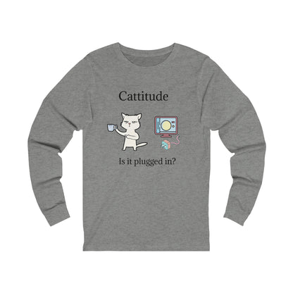 Printify gray long-sleeve tech support cat tee with cartoon cat and computer graphic