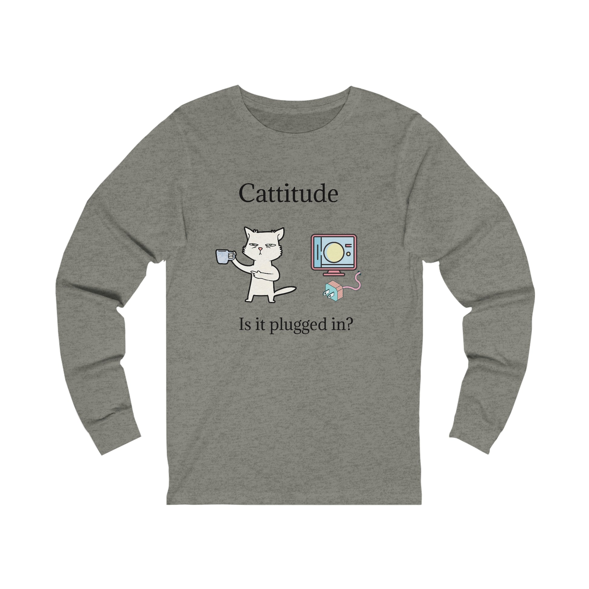 Printify gray long sleeve tech support cat tee with cat graphic and Cattitude text