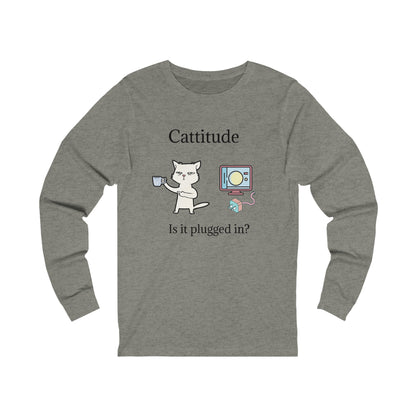 Printify gray long sleeve tech support cat tee with cat graphic and Cattitude text