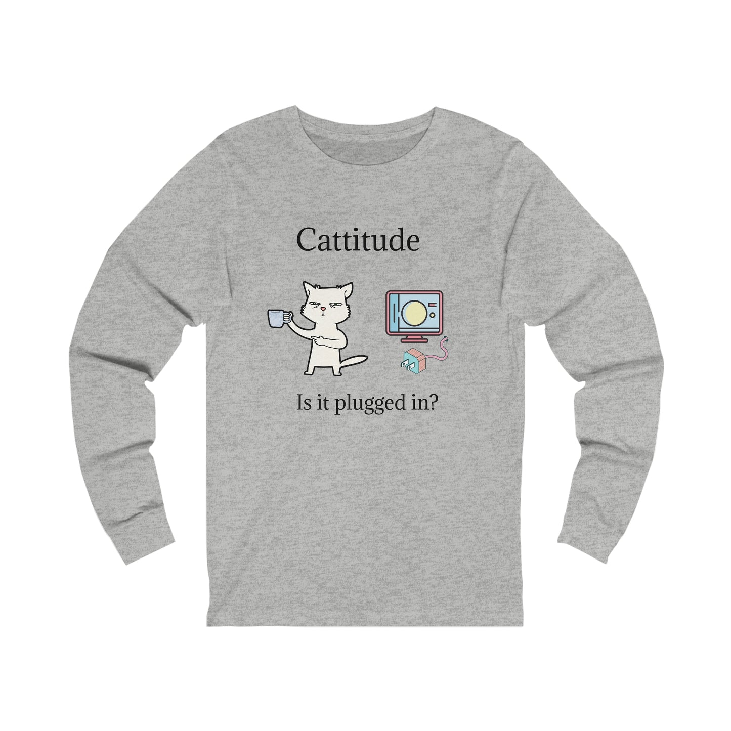 Gray Printify long-sleeve tech support cat tee with cartoon cat and computer design