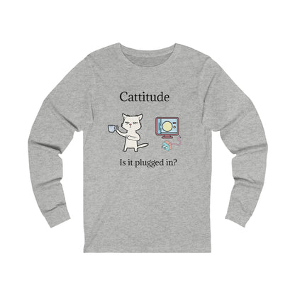 Gray Printify long-sleeve tech support cat tee with cartoon cat and computer design
