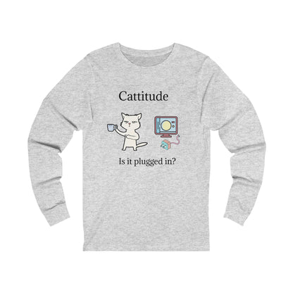 Printify long-sleeve tech support cat tee with cat and computer graphic in light gray