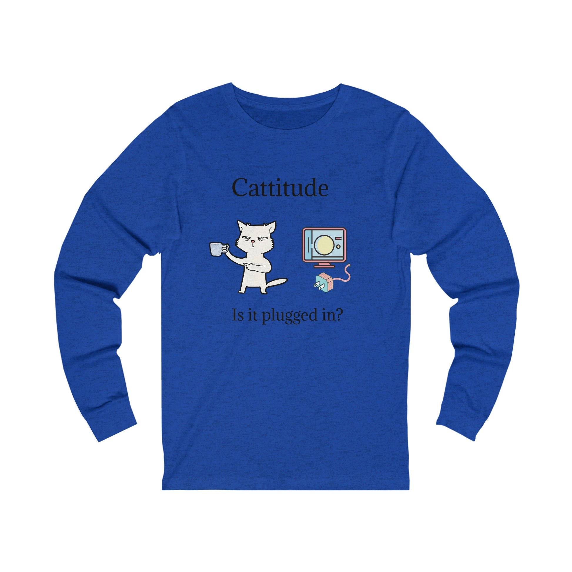 Printify long-sleeve tech support cat tee with cat and computer graphic and Cattitude text