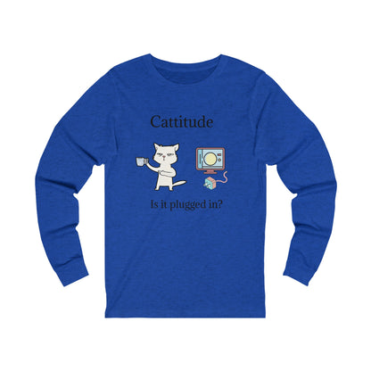 Printify long-sleeve tech support cat tee with cat and computer graphic and Cattitude text