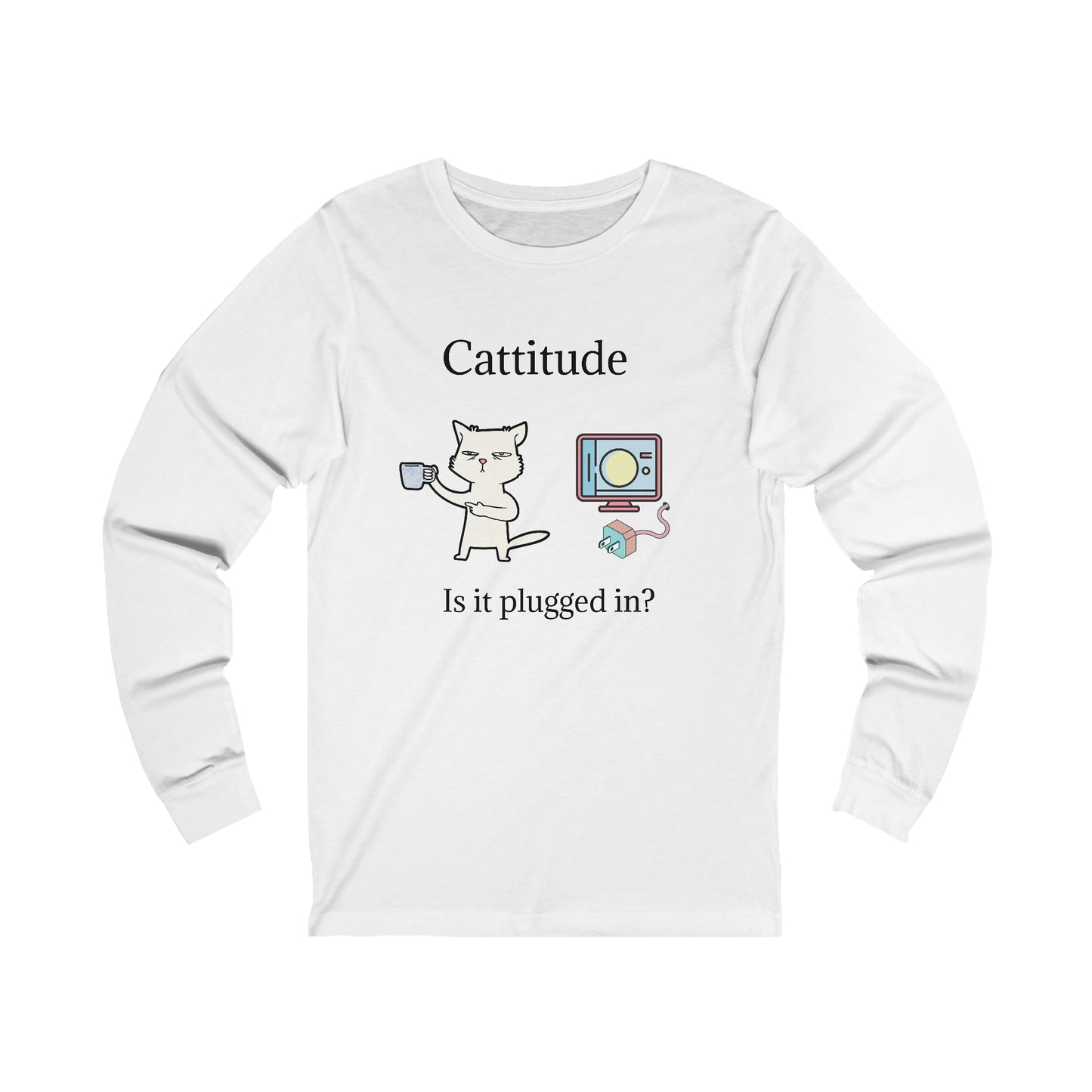 White long-sleeve tech support cat tee with a cat holding a plug and retro computer design