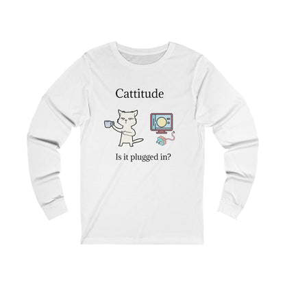 White long-sleeve tech support cat tee with a cat holding a plug and retro computer design