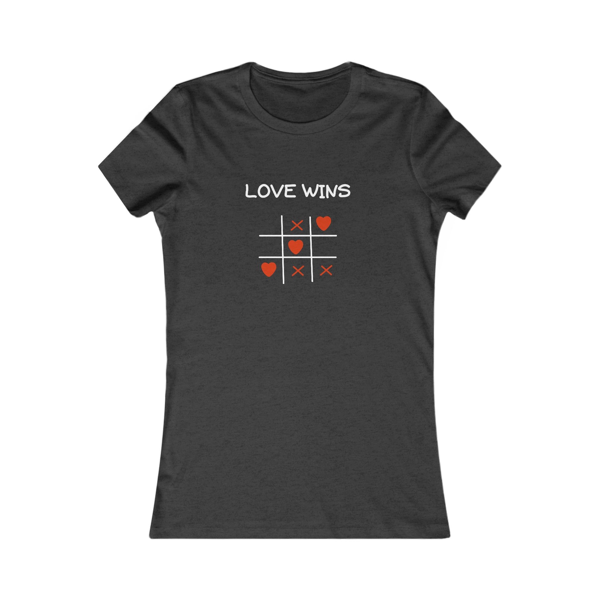 Printify black uplifting quote shirt women with Love Wins and heart tic tac toe design