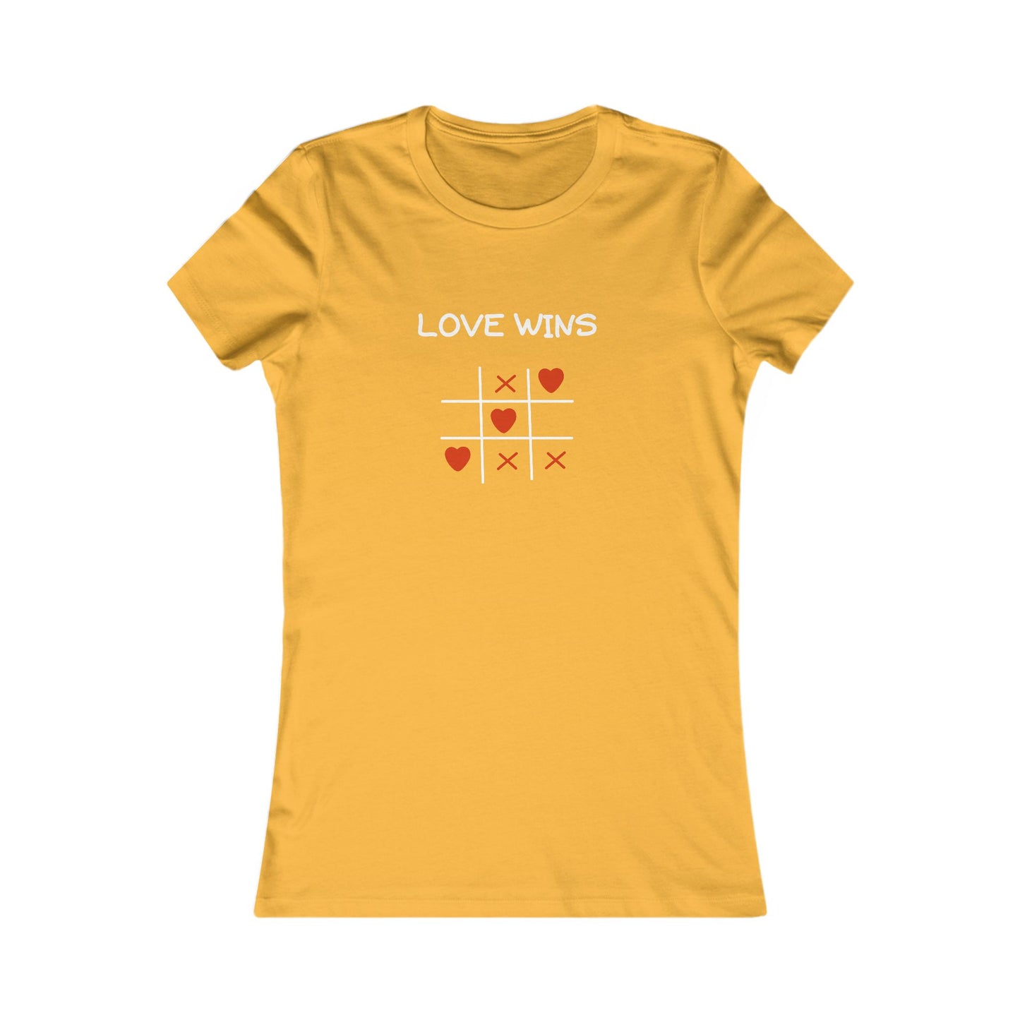 Yellow Printify t-shirt with love wins tic tac toe design uplifting quote shirt women