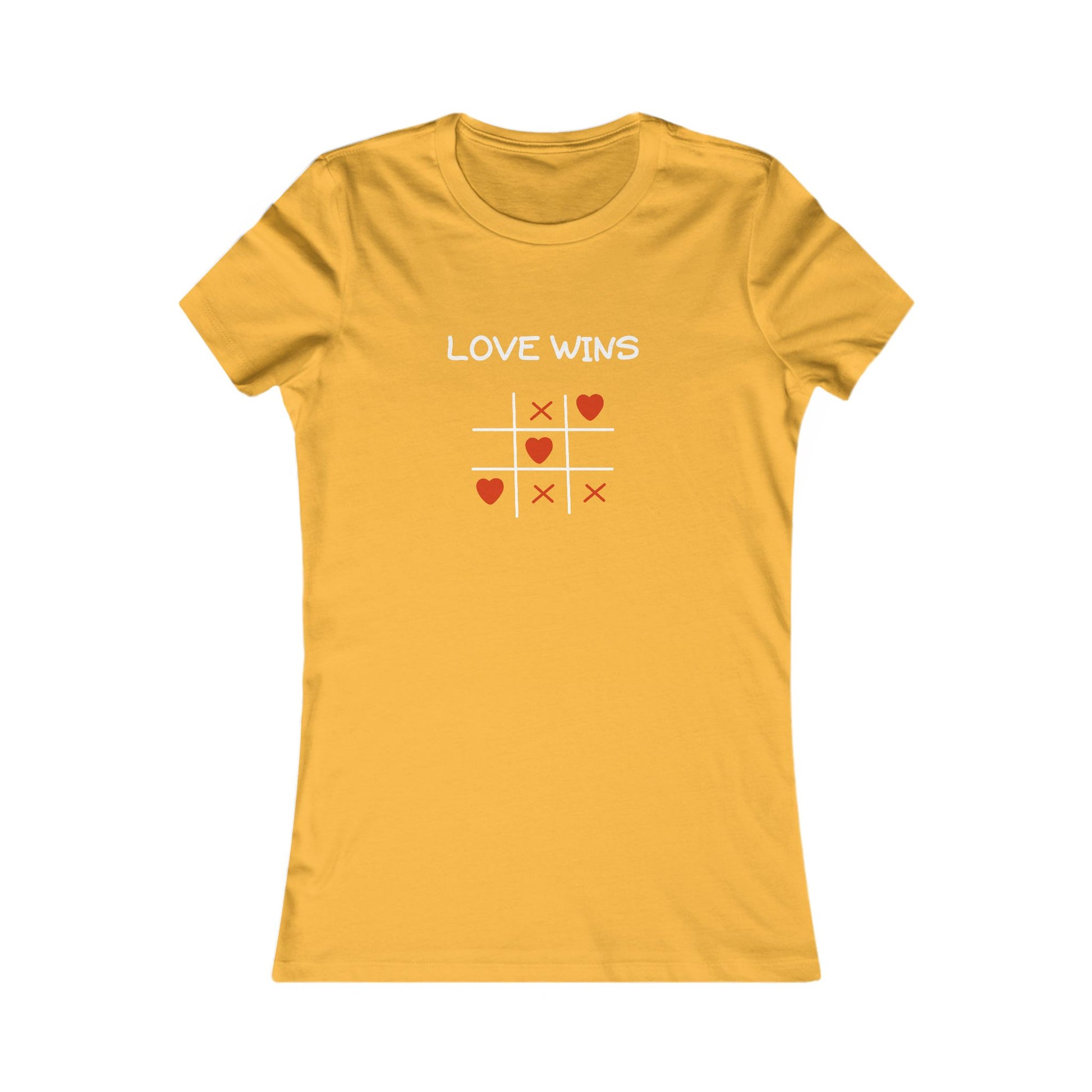 Yellow Printify t-shirt with love wins tic tac toe design uplifting quote shirt women