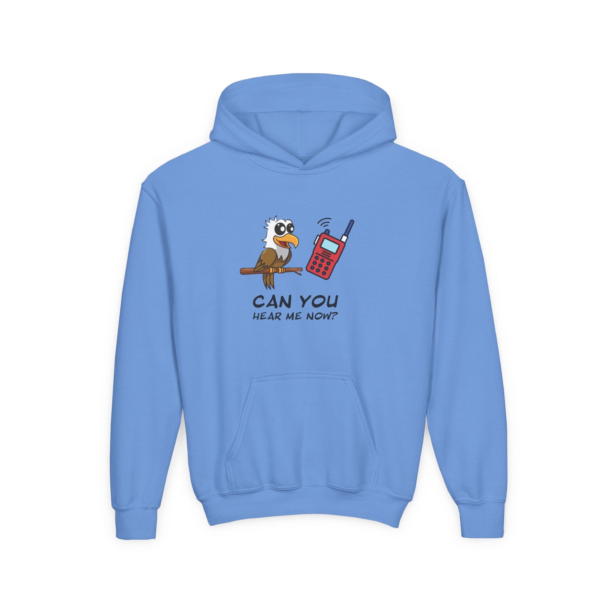 Blue kids hoodie with cute animal graphic hoodie for kids featuring a cartoon bird and walkie-talkie design