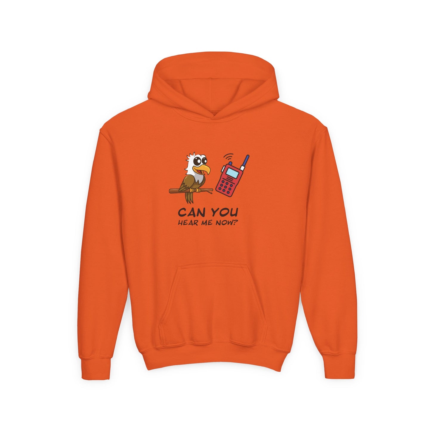 Orange kids hoodie with cute animal graphic hoodie for kids featuring a bird and radio design