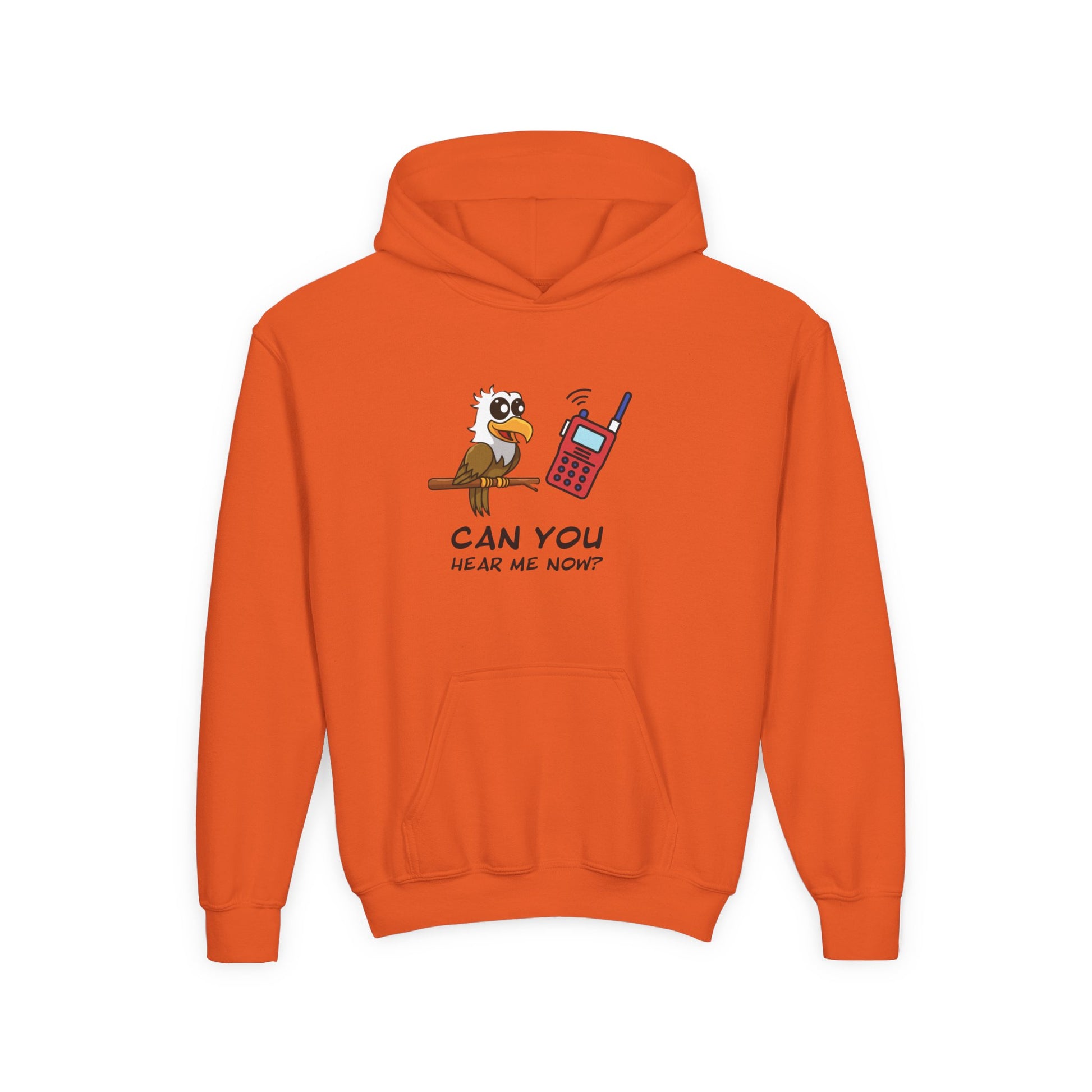 Orange kids hoodie with cute animal graphic hoodie for kids featuring a bird and radio design