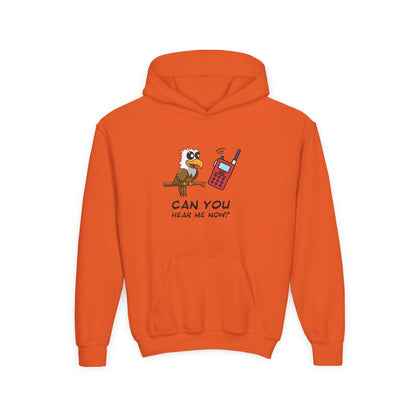 Orange kids hoodie with cute animal graphic hoodie for kids featuring a bird and radio design