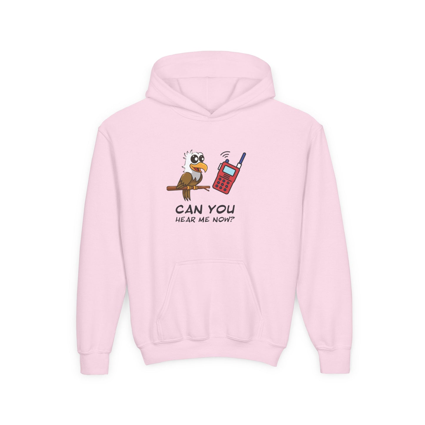 Pink cute animal graphic hoodie for kids featuring a bird and phone with text Can You Hear Me Now