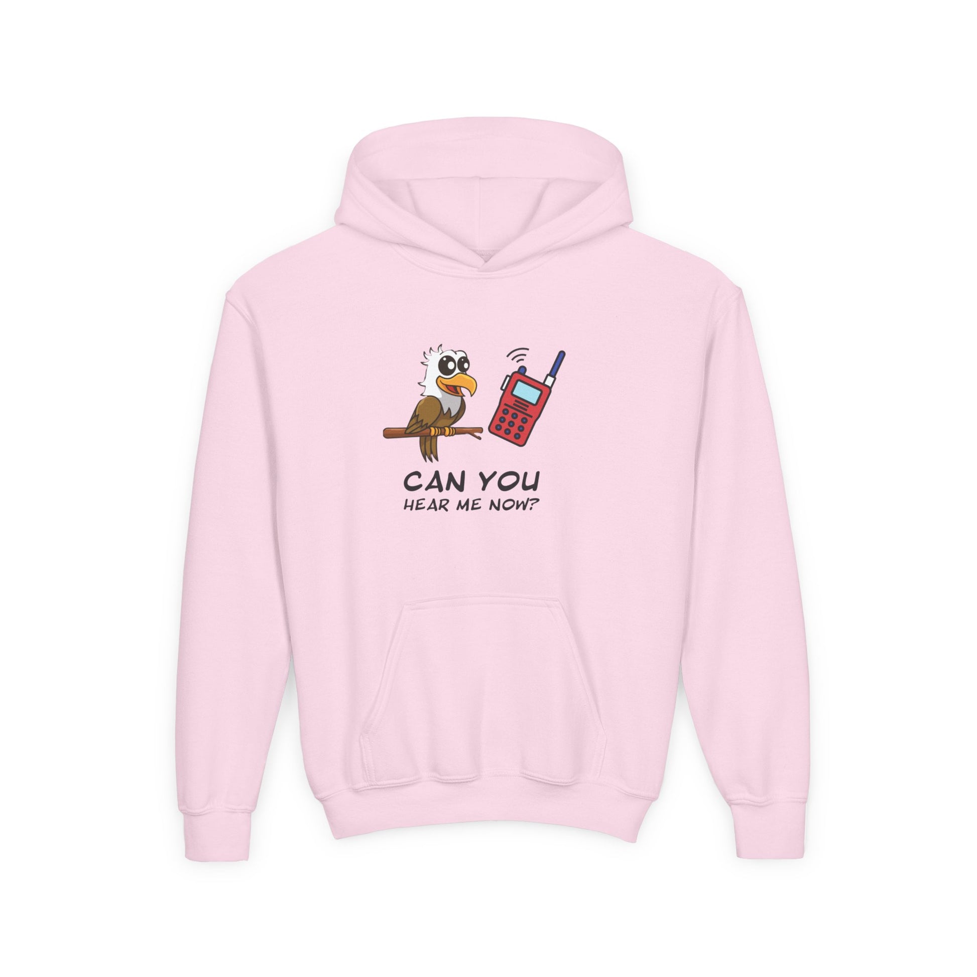 Pink cute animal graphic hoodie for kids featuring a bird and phone with text Can You Hear Me Now