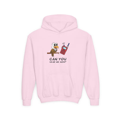 Pink cute animal graphic hoodie for kids featuring a bird and phone with text Can You Hear Me Now