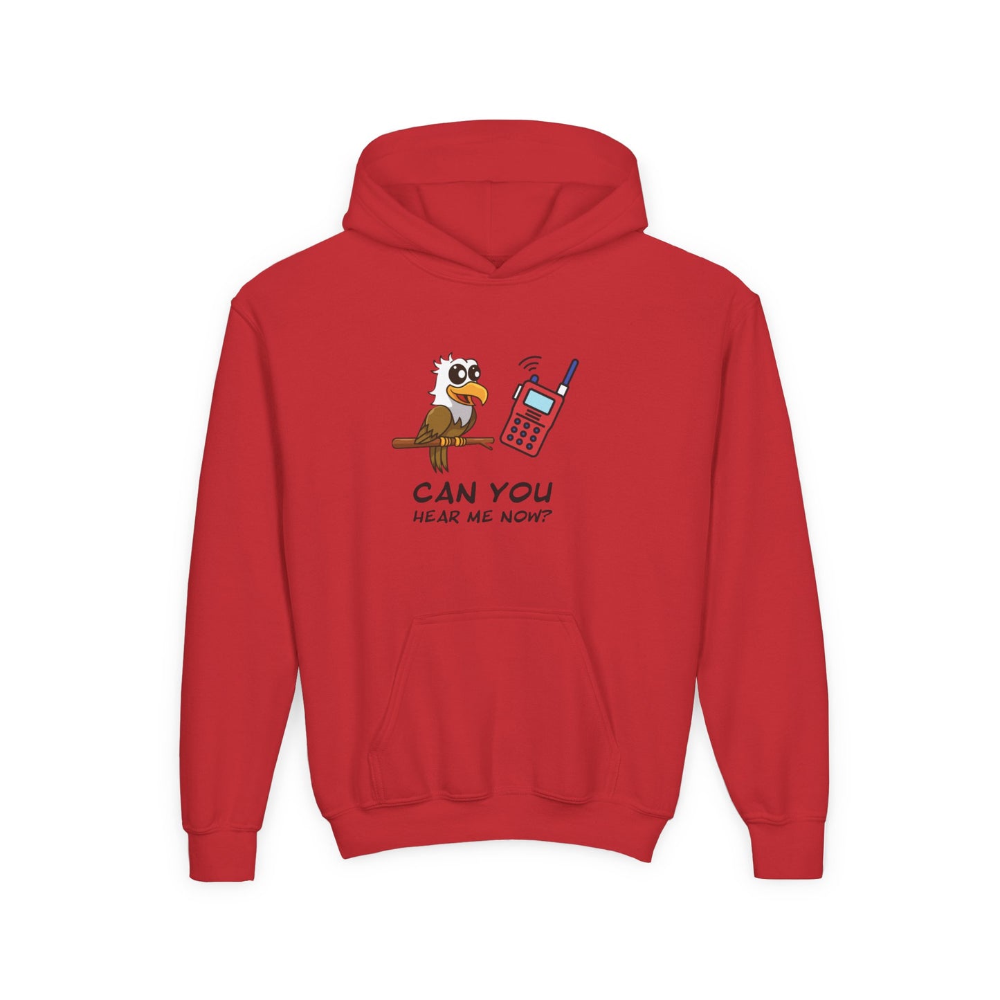 Red cute animal graphic hoodie for kids featuring a cartoon bird and walkie talkie design