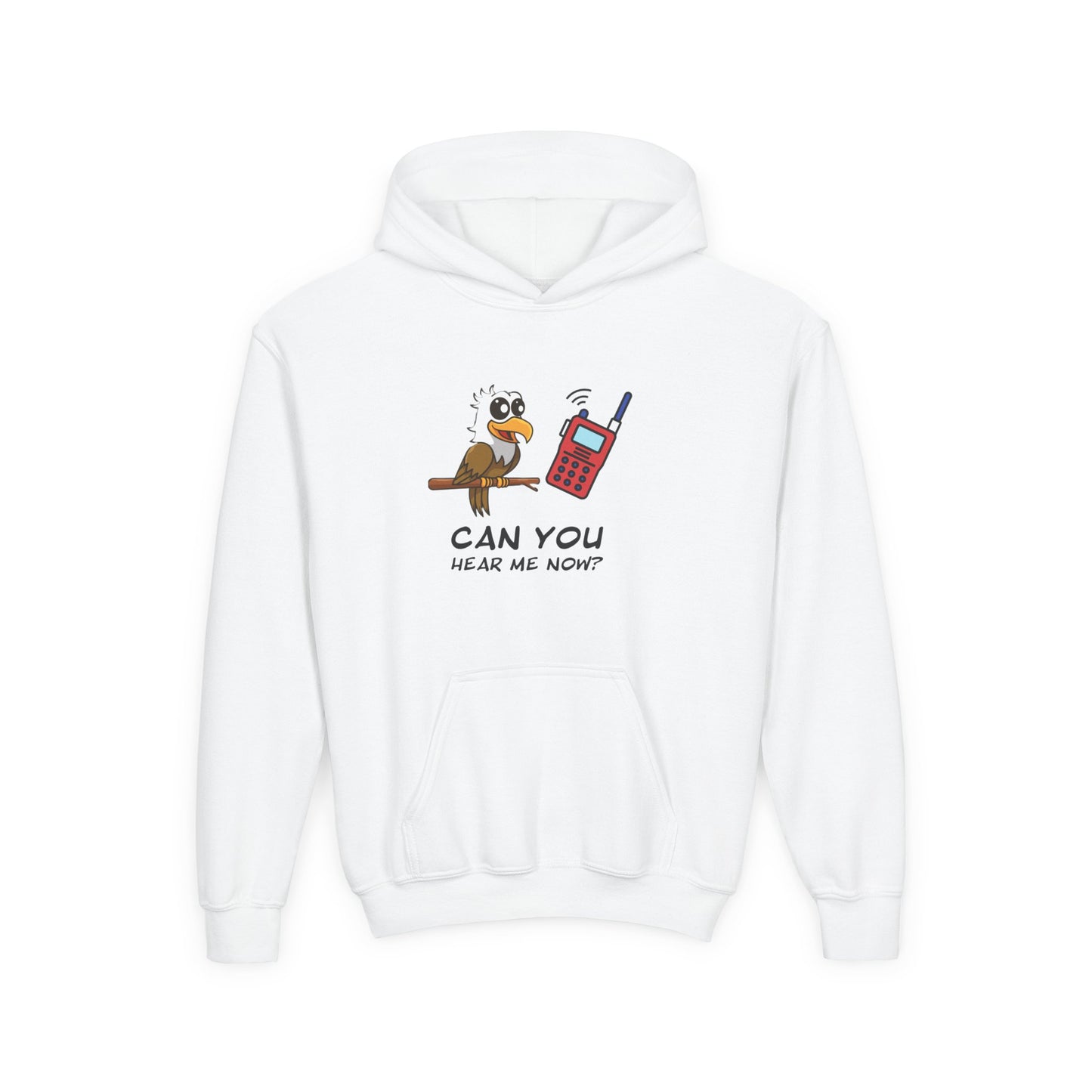 White kids hoodie from Printify with a cute animal graphic hoodie for kids featuring a bird and walkie talkie design