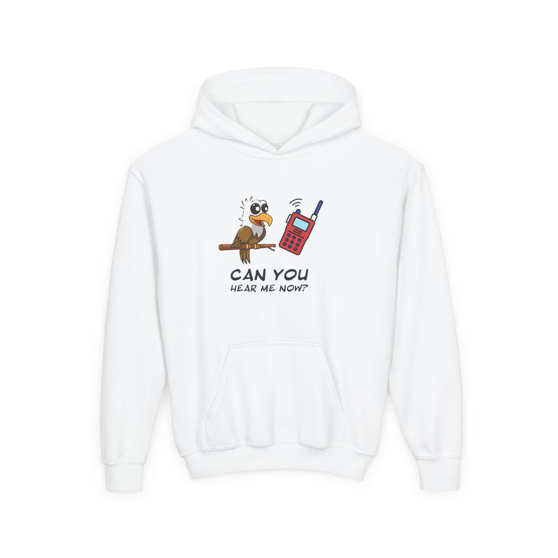 White kids hoodie from Printify with a cute animal graphic hoodie for kids featuring a bird and walkie talkie design
