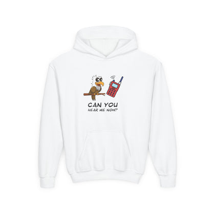 White kids hoodie from Printify with a cute animal graphic hoodie for kids featuring a bird and walkie talkie design