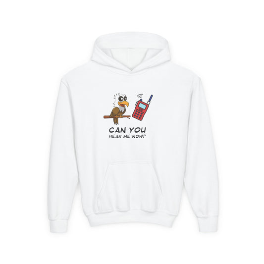 White kids hoodie from Printify with a cute animal graphic hoodie for kids featuring a bird and walkie talkie design
