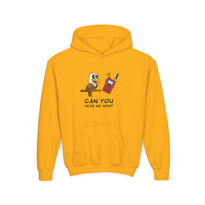 Yellow kids hoodie with cute animal graphic hoodie for kids featuring a cartoon bird and phone design
