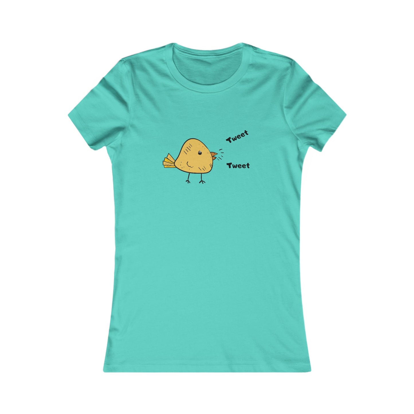 Printify teal t-shirt with a cute bird graphic shirt design featuring a small yellow bird tweeting