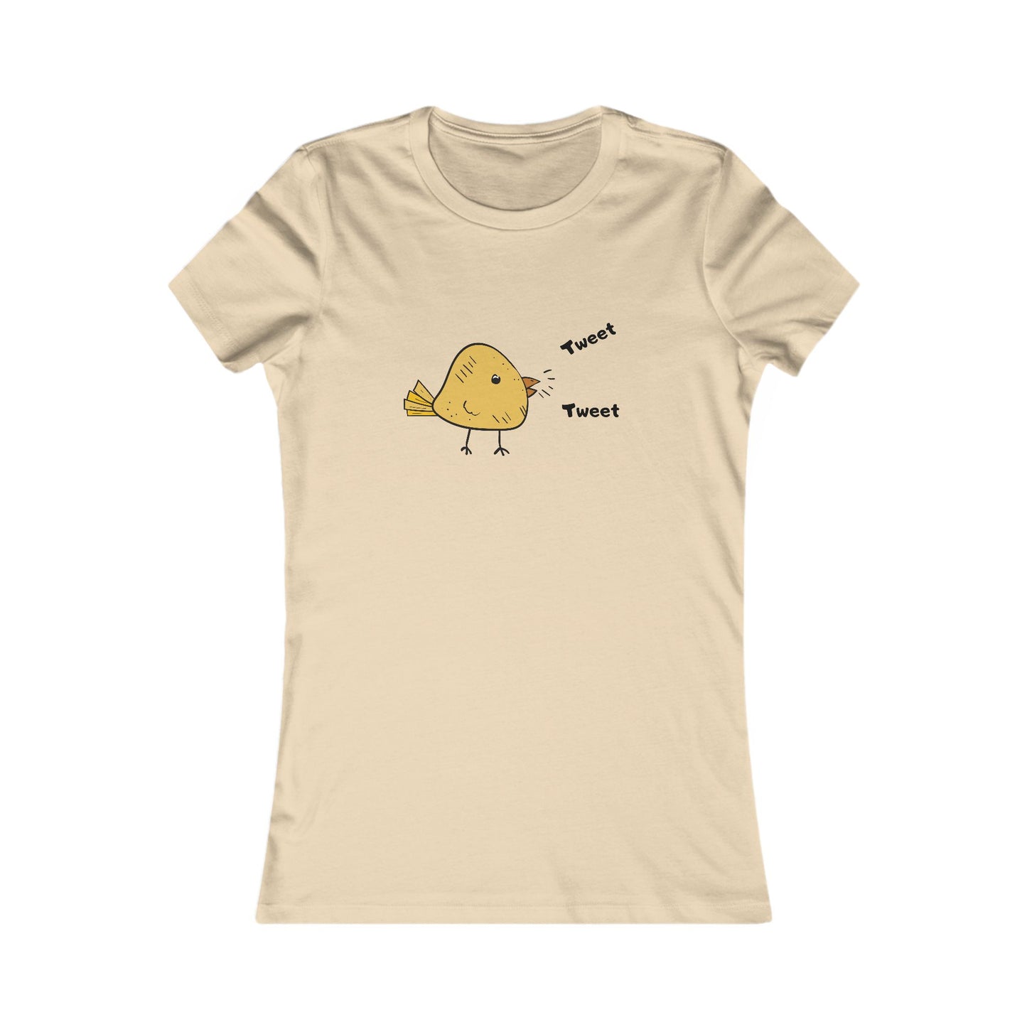 Printify beige t-shirt with a cute bird graphic shirt featuring a yellow bird and tweet text