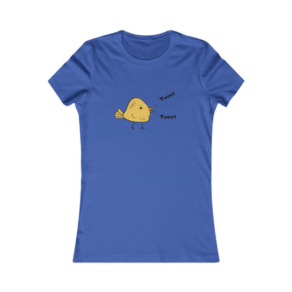 Blue Printify t-shirt featuring a cute bird graphic shirt with yellow bird and tweet text