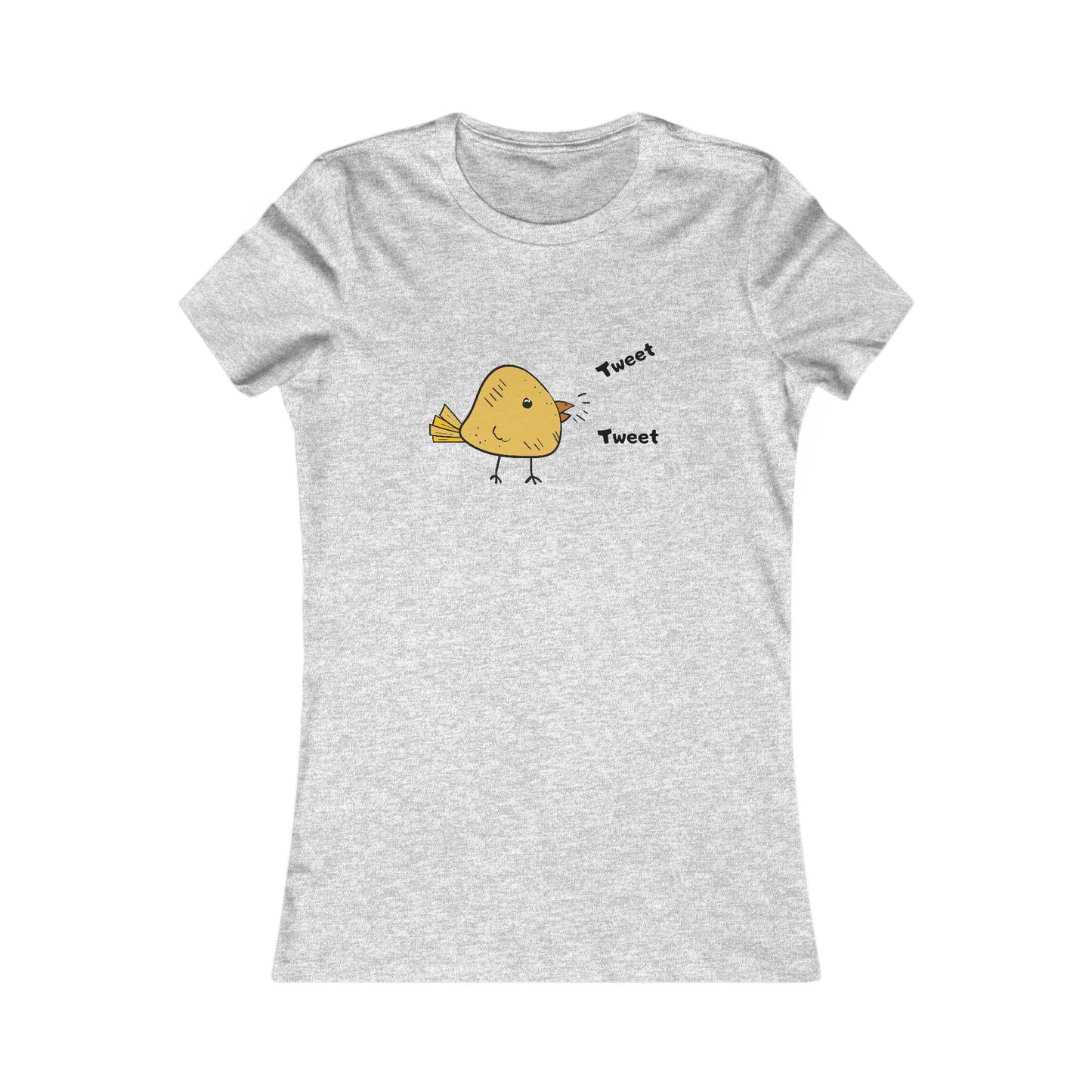 Gray Printify t-shirt with a cute bird graphic shirt design featuring a yellow bird and tweet text