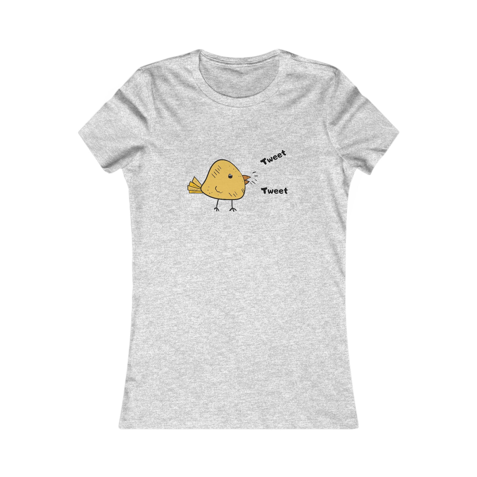Gray Printify t-shirt with a cute bird graphic shirt design featuring a yellow bird and tweet text