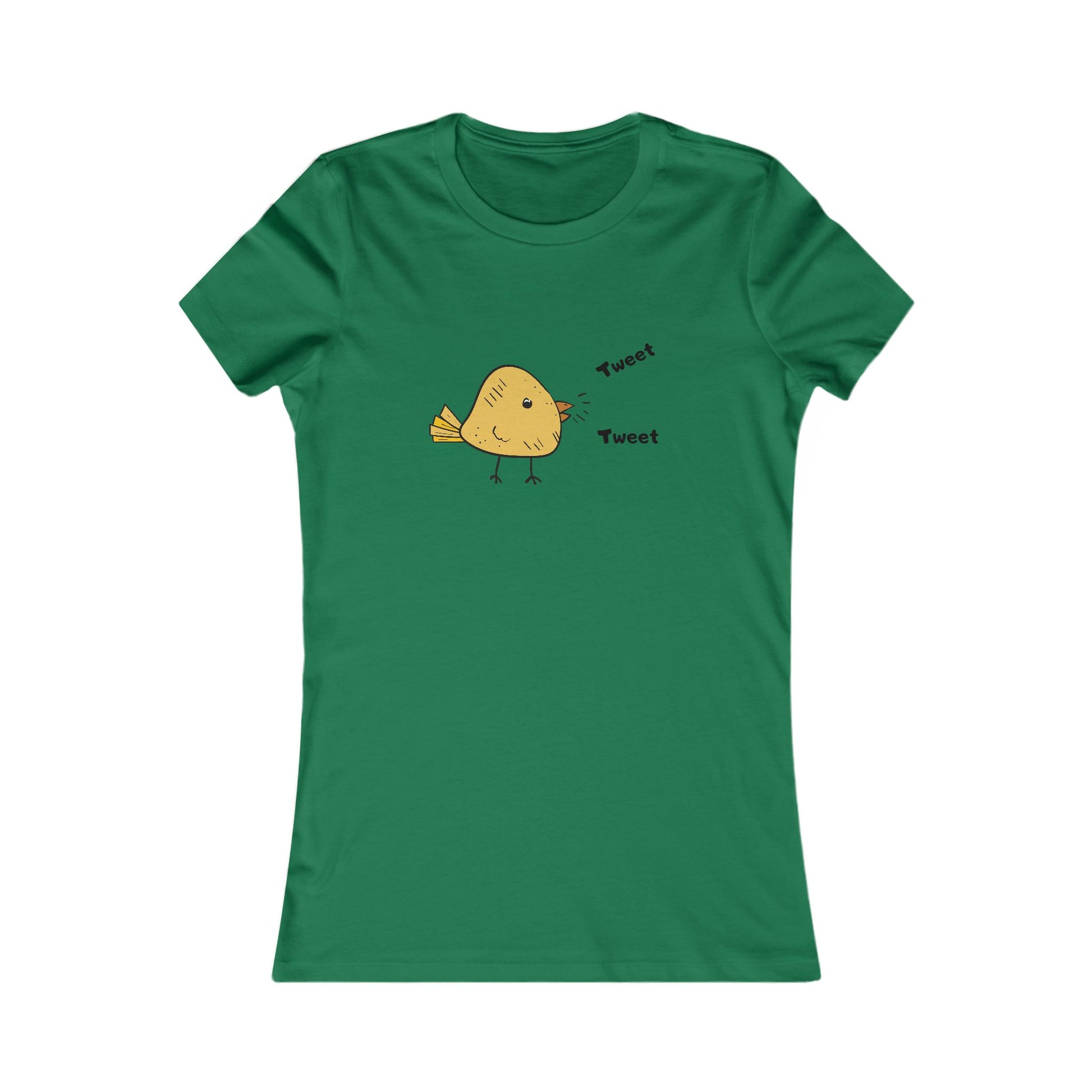 Green Printify t-shirt with a cute bird graphic shirt design featuring a yellow bird and tweet text