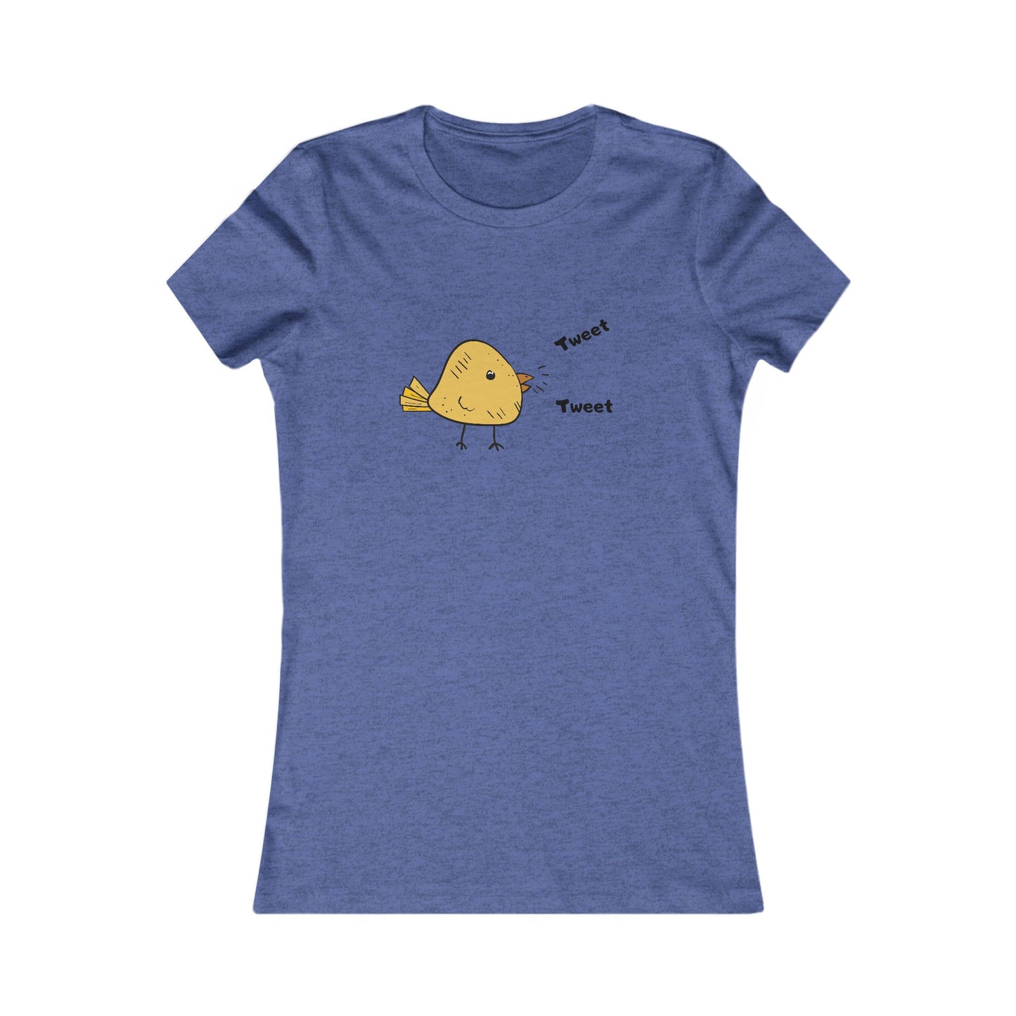 Blue Printify t-shirt featuring a cute bird graphic shirt with a yellow bird and tweet text