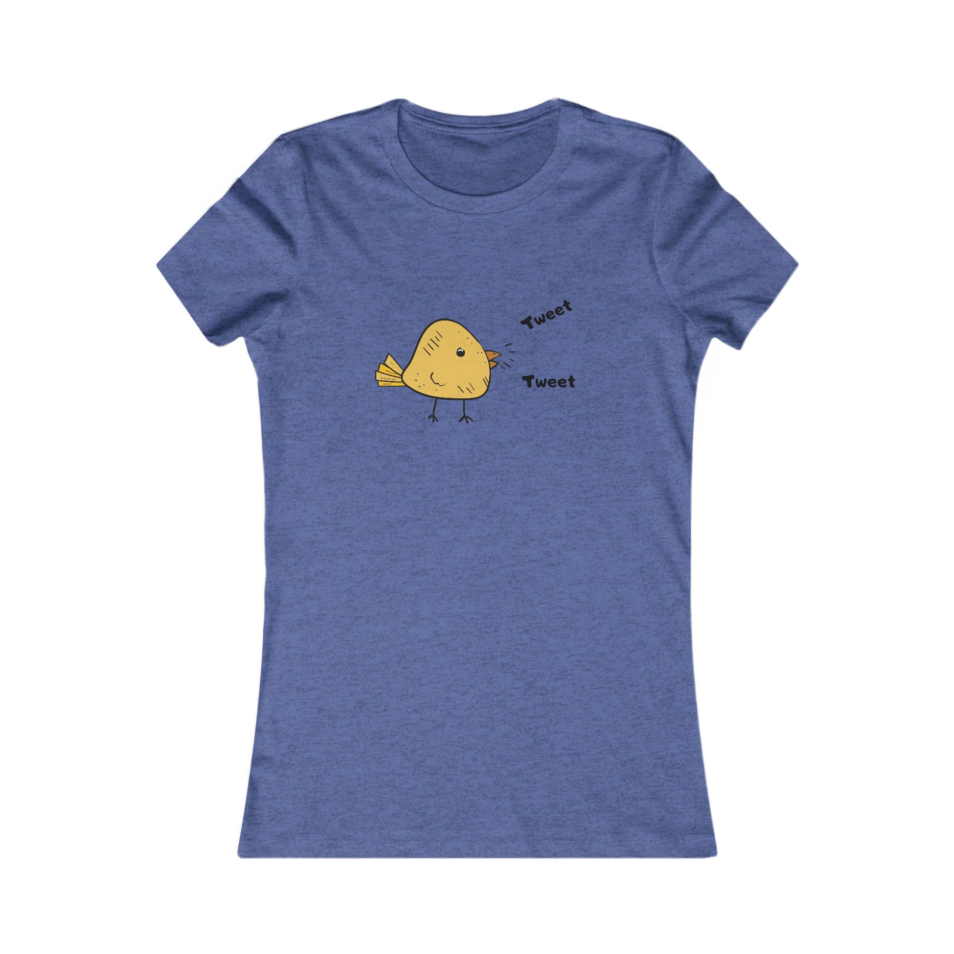 Blue Printify t-shirt featuring a cute bird graphic shirt with a yellow bird and tweet text