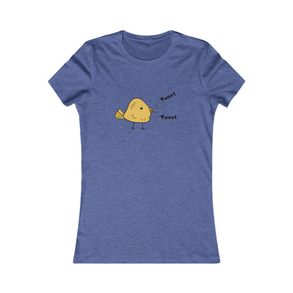Blue Printify t-shirt featuring a cute bird graphic shirt with a yellow bird and tweet text