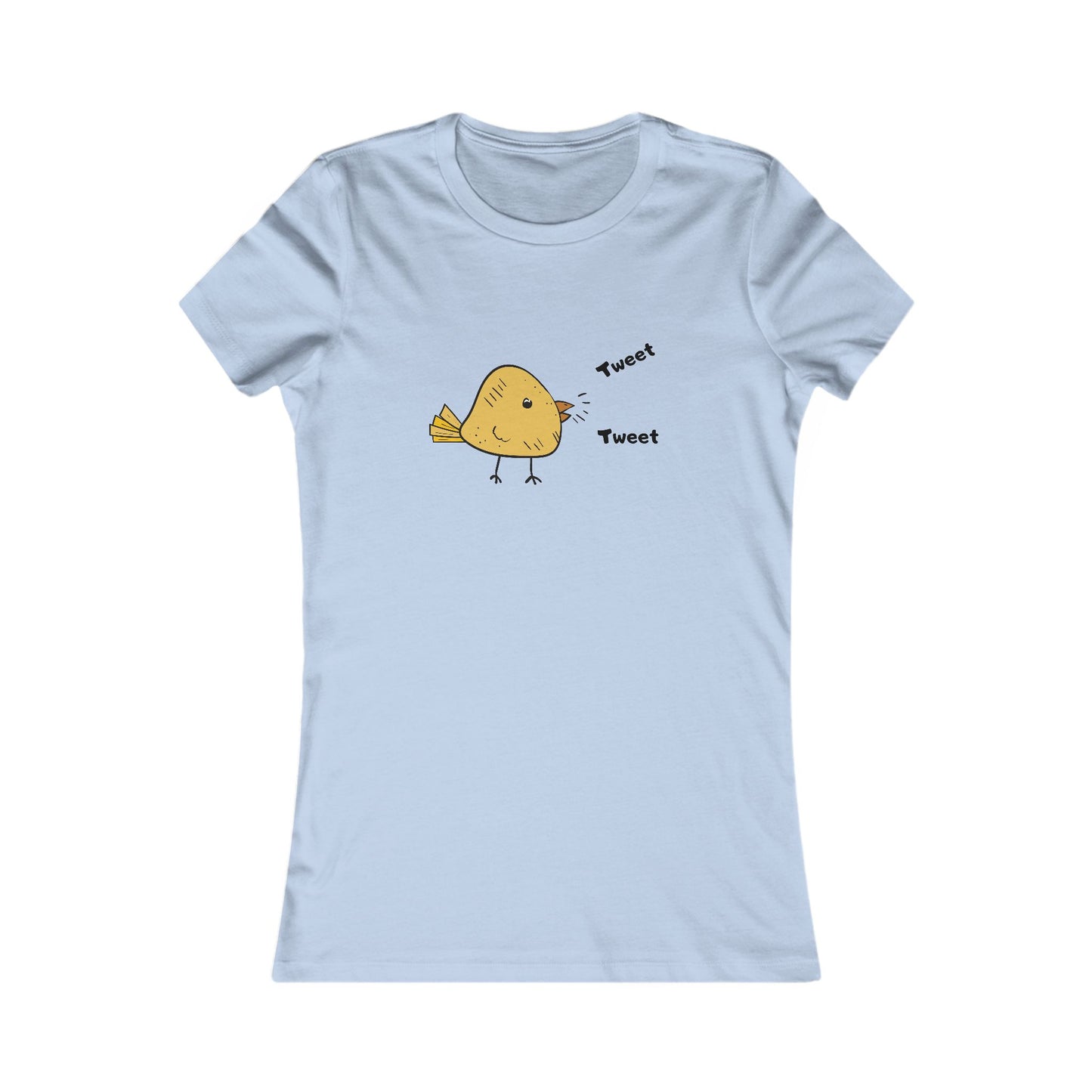 Light blue Printify t-shirt featuring a cute bird graphic shirt with a yellow bird and tweet text