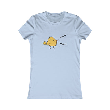 Light blue Printify t-shirt featuring a cute bird graphic shirt with a yellow bird and tweet text