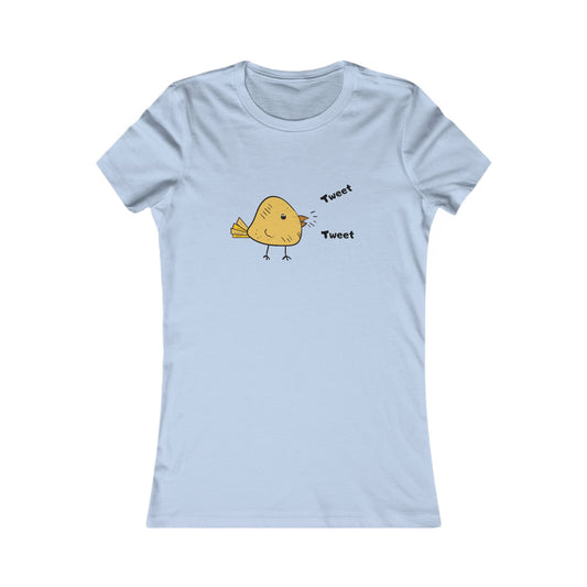 Light blue Printify t-shirt featuring a cute bird graphic shirt with a yellow bird and tweet text