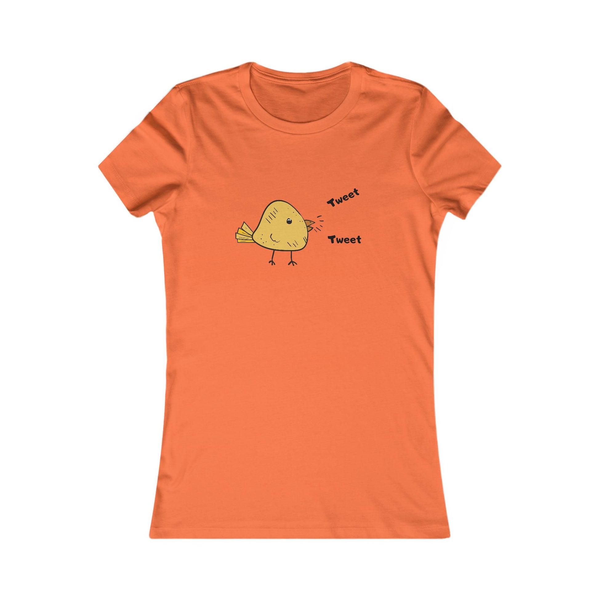 Orange T-shirt with a cute bird graphic shirt design featuring a small yellow bird and tweet text