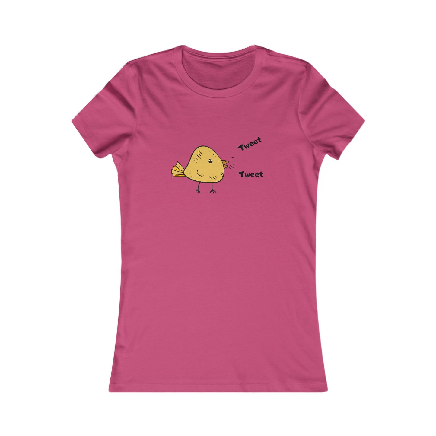 Pink Printify T-shirt with a cute bird graphic shirt design and tweet text in black