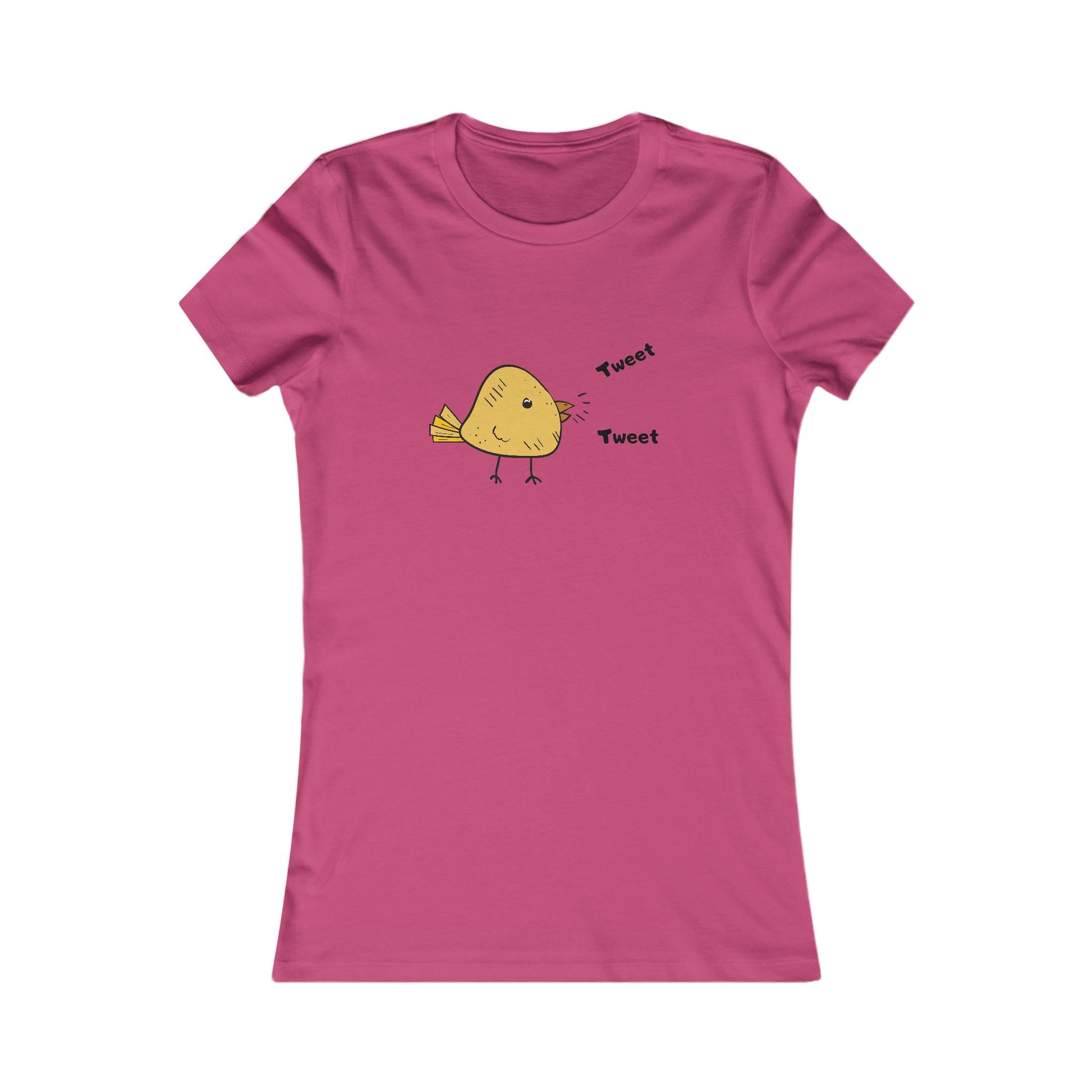 Pink Printify T-shirt with a cute bird graphic shirt design and tweet text in black