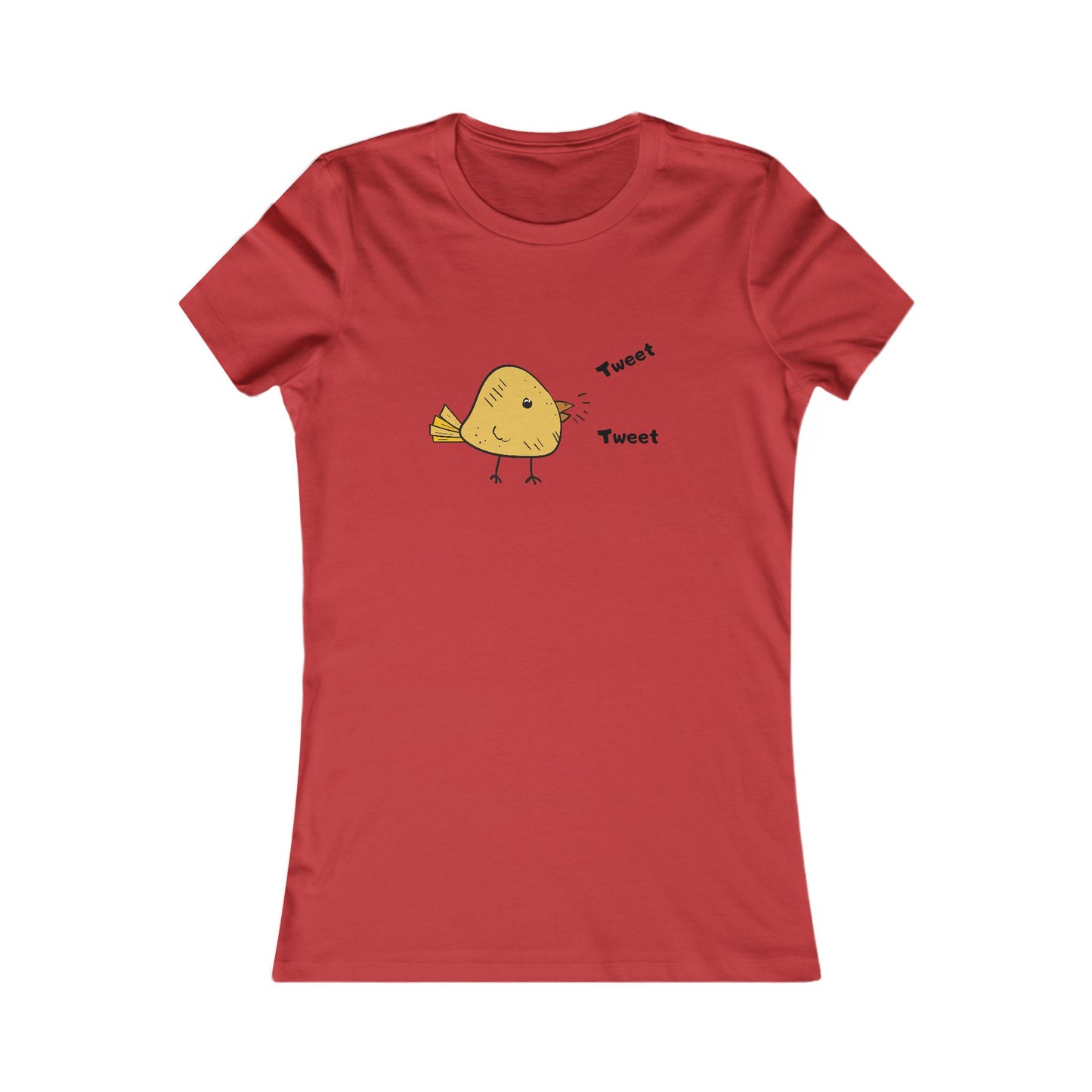 Red Printify t-shirt featuring a cute bird graphic shirt design with a yellow bird and tweet text