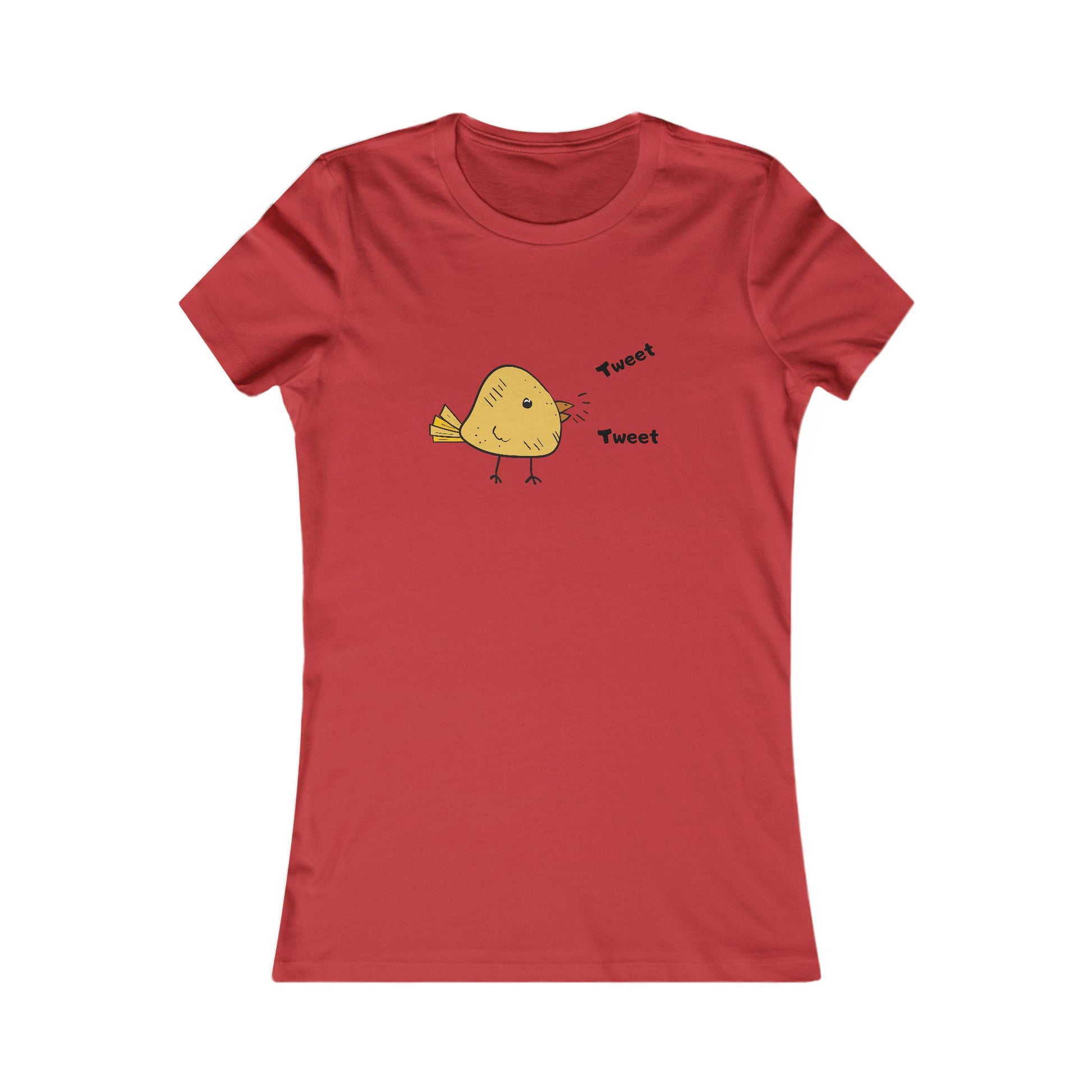 Red Printify t-shirt featuring a cute bird graphic shirt design with a yellow bird and tweet text