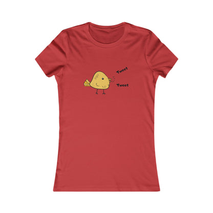 Red Printify t-shirt featuring a cute bird graphic shirt design with a yellow bird and tweet text